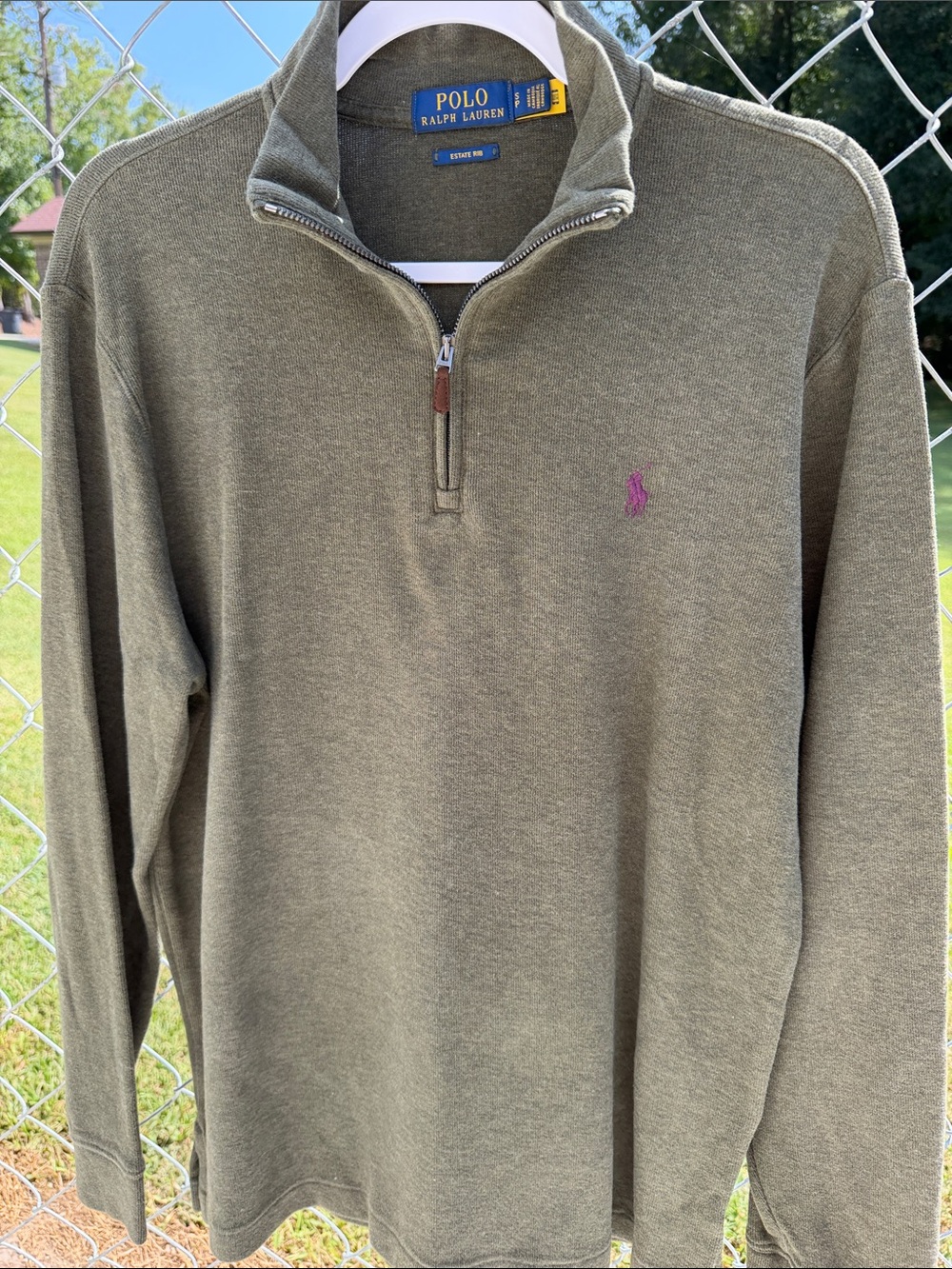Polo by Ralph Lauren Olive Quarter-Zip Sweater with Purple Pony